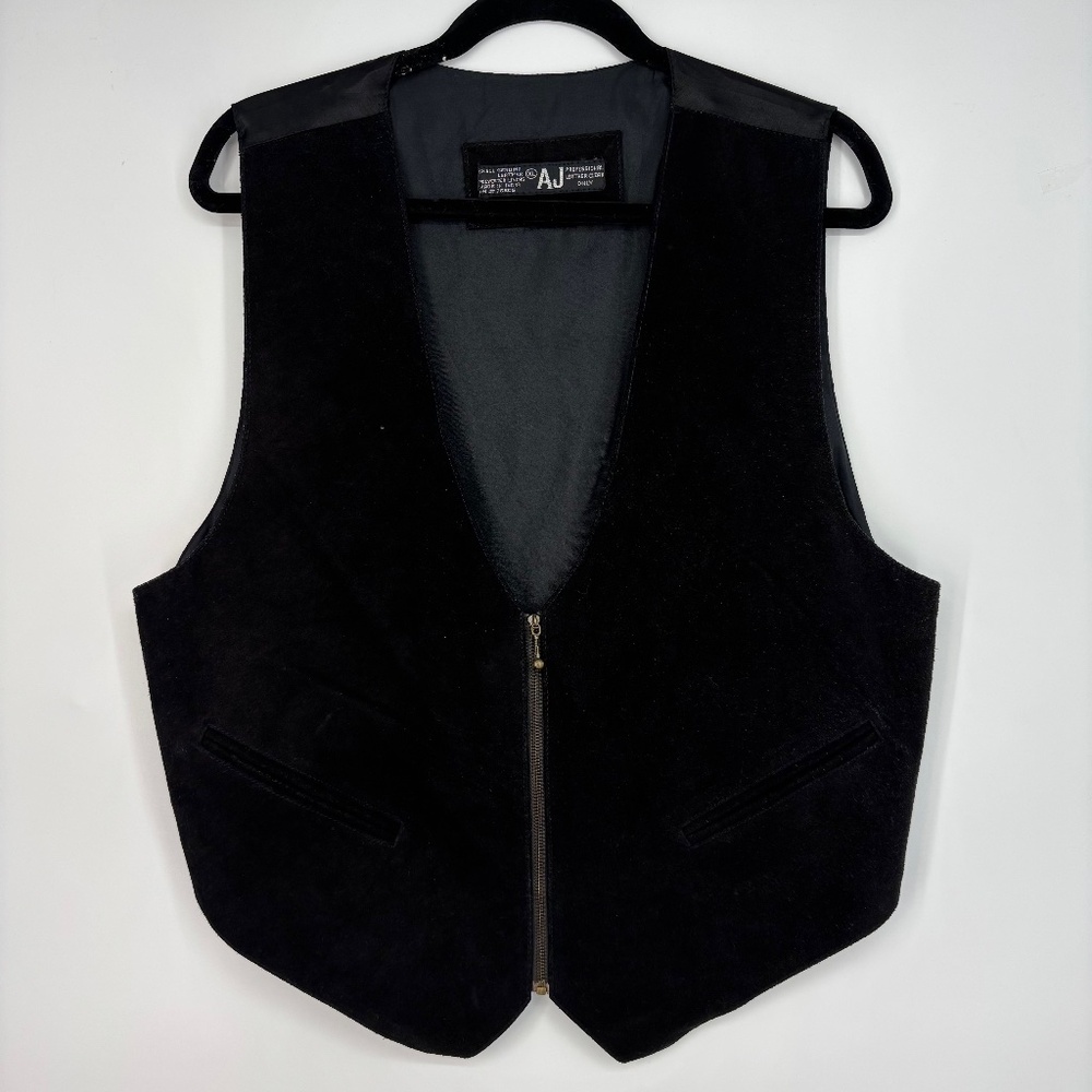 AJ Womens XL Vintage Zip Front Vest Black Genuine Suede Leather Fully Lined